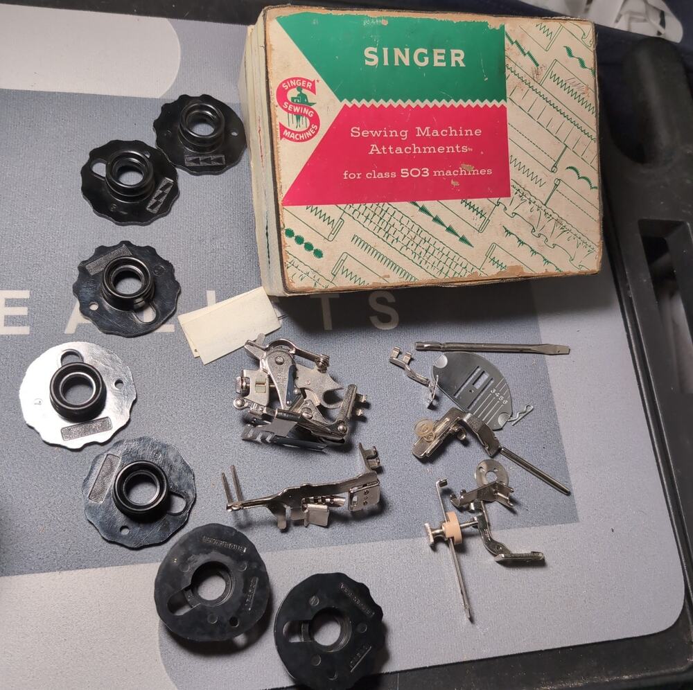 Vintage Lot Sewing Machine, Discs, Attachments Lot w/Singer Box